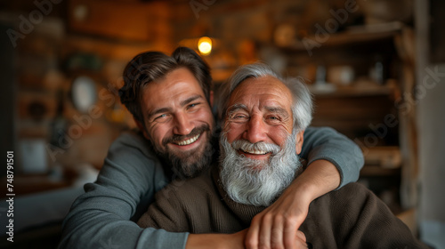 An adult son with a beard joyfully hugs his elderly father at home, both smiling and enjoying a relaxed, loving moment together on Father's Day, © Katrin_Primak