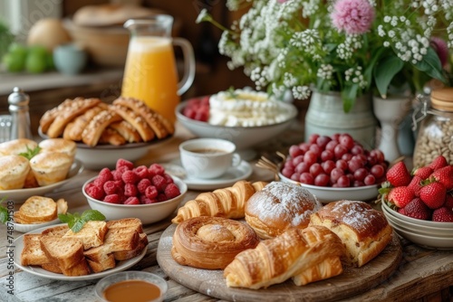 A variety of freshly baked pastries are beautifully arranged on a breakfast table.