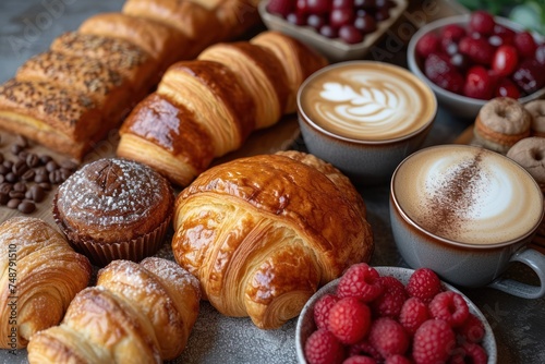 A variety of freshly baked pastries are beautifully arranged on a breakfast table.