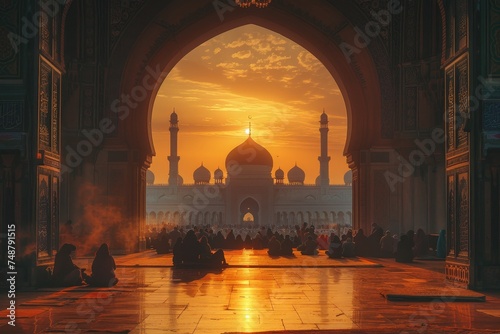 Stunning sunset silhouettes of worshipers at the majestic entrance of a Middle Eastern mosque, reflecting spiritual serenity and architectural beauty. photo