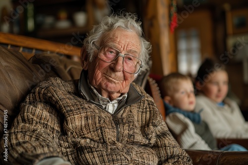 Elderly man with wrinkles and glasses looking at camera, serious expression