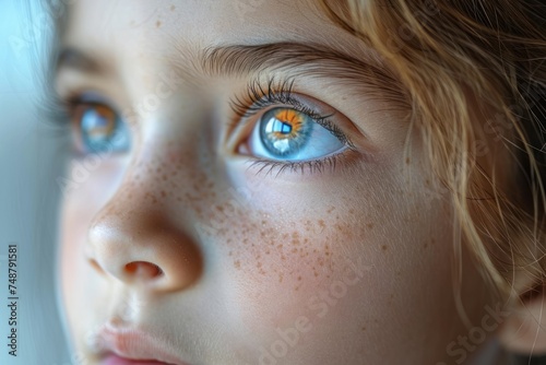 Close up of childs face with blue eyes