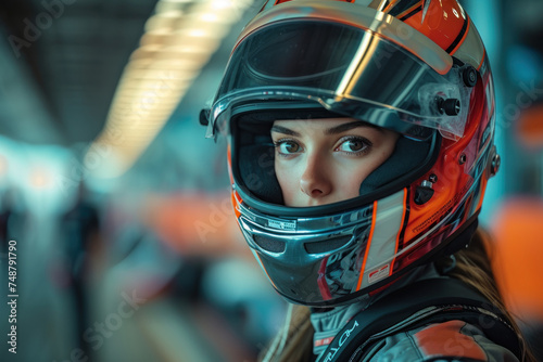 Female motorsport racer in racing attire, with a blurred garage backdrop. © yuliachupina