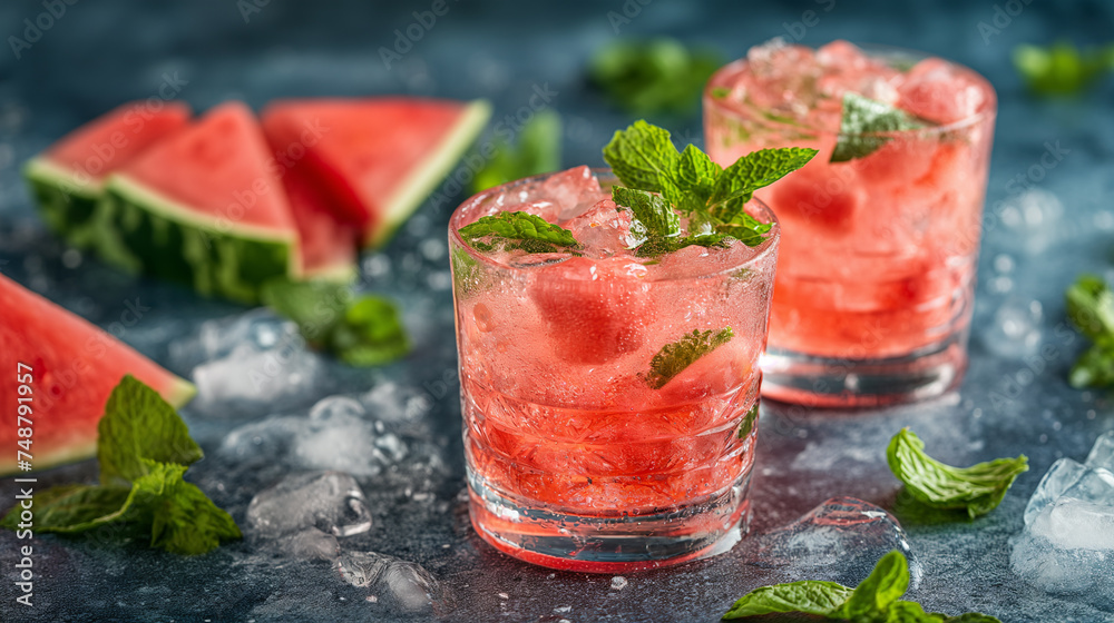Watermelon refreshing summer smoothie cocktail in a glass Watermelon refreshing summer smoothie cocktail in a glass