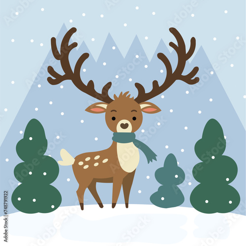 Deer with long antlers wearing a scarf in a snowy forest with mountains and small pine trees  with snowflakes falling  symbolizing winter and Christmas  in a cute cartoon drawing style vector