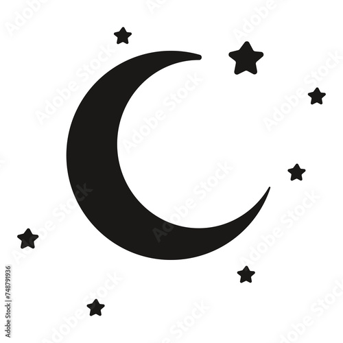 Tattoo for skin in vector style, black and white drawing of a starry night and moon, with a transparent or white background for stencil