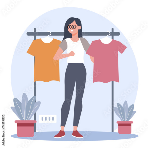 Woman shopping for clothes on sale, happily browsing through racks of shirts and blouses, purchasing fashionable items, summer sales, vector illustration