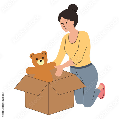 Woman using a moving box to store a childhood teddy bear, squatting in her attic, casually dressed at home, vector illustrative drawing