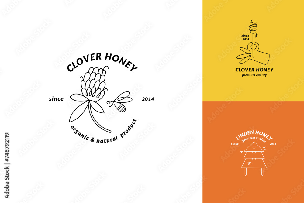 Vector set illustration logos and design templates or badges. Organic and eco honey labels and tags with bees. Linear style Vector set illustration logos and design templates or badges. Organic and eco honey labels and tags with bees. Linear style