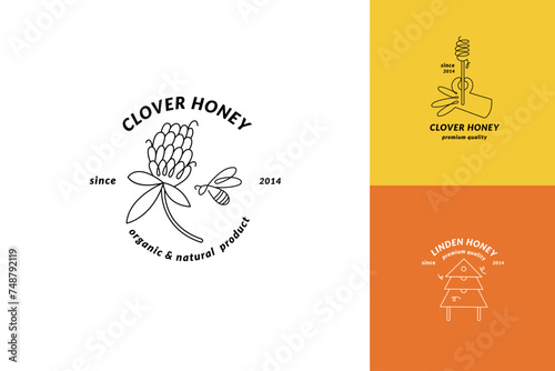 Vector set illustration logos and design templates or badges. Organic and eco honey labels and tags with bees. Linear style