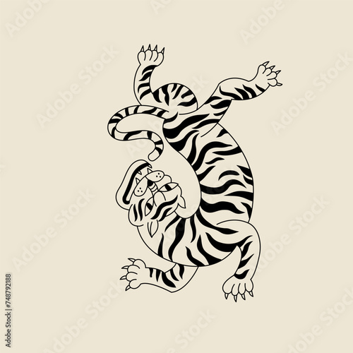Vector line illustration tiger walking. Cartoon animal character. Ideal for print