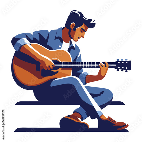 Musician man playing guitar acoustic vector illustration, male guitarist performing music, String instrument player design template isolated on white background