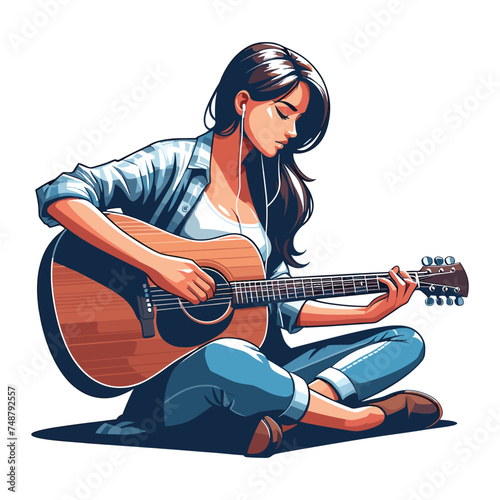 Musician woman playing guitar acoustic vector illustration, female guitarist performing music, String instrument player design template isolated on white background