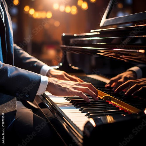 A close-up of a person playing a grand piano.