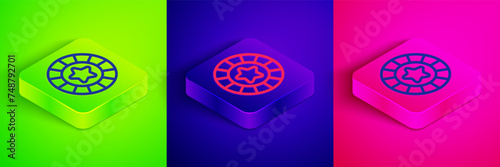 Isometric line Casino chips icon isolated on green, blue and pink background. Casino gambling. Square button. Vector