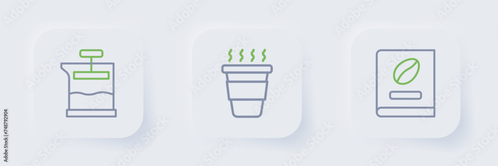 Set line Coffee book, cup to go and French press icon. Vector Set line Coffee book, cup to go and French press icon. Vector