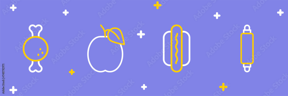 Set line Rolling pin, Hotdog, Plum fruit and Chicken leg icon. Vector Set line Rolling pin, Hotdog, Plum fruit and Chicken leg icon. Vector