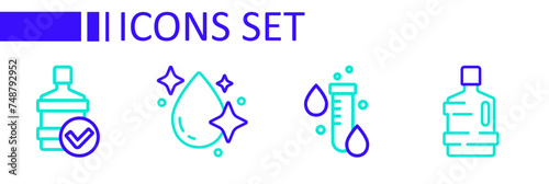 Set line Big bottle with clean water, Test tube drop, Water and icon. Vector