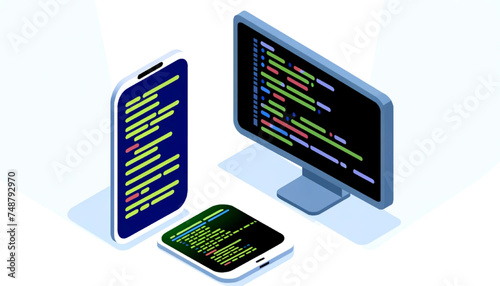  vector illustration of a smartphone and a computer displaying computer code