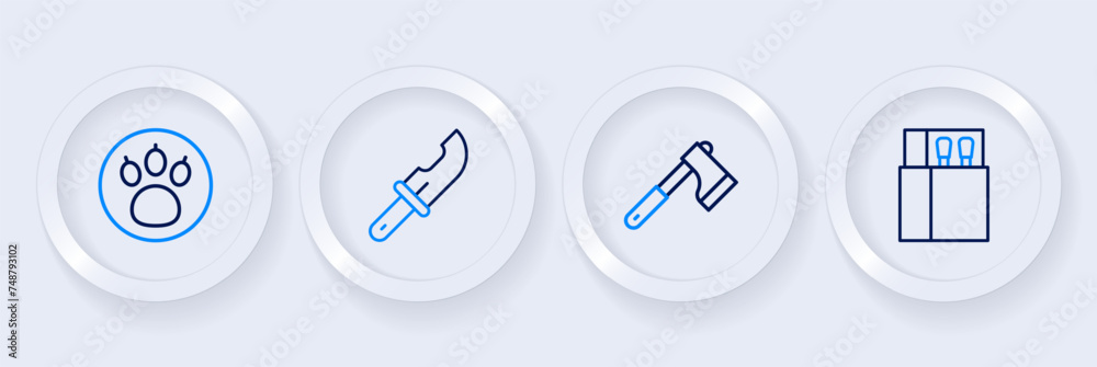 Set line Open matchbox and matches, Wooden axe, Hunter knife and Paw search icon. Vector Set line Open matchbox and matches, Wooden axe, Hunter knife and Paw search icon. Vector