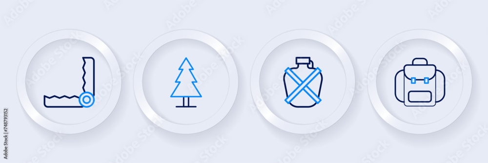 Set line Hiking backpack, Canteen water bottle, Tree and Trap hunting icon. Vector Set line Hiking backpack, Canteen water bottle, Tree and Trap hunting icon. Vector