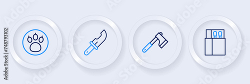 Set line Open matchbox and matches, Wooden axe, Hunter knife and Paw search icon. Vector
