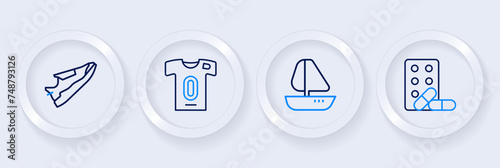 Set line Sports doping with dumbbell, Yacht sailboat, Football jersey and t-shirt and Fitness sneakers shoes icon. Vector
