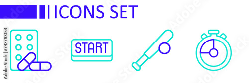 Set line Stopwatch, Baseball bat with ball, Ribbon in finishing line and Sports doping dumbbell icon. Vector