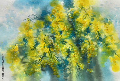 Yellow mimosa branches on blue watercolor background