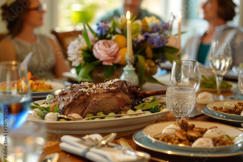 Easter festive dinner table, featuring a roasted lamb, flowers and candles, close up