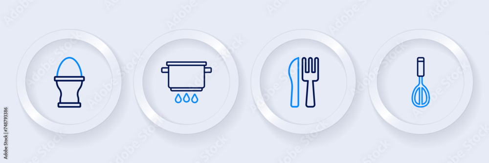 Set line Kitchen whisk, Crossed knife and fork, Cooking pot on fire and Chicken egg stand icon. Vector Set line Kitchen whisk, Crossed knife and fork, Cooking pot on fire and Chicken egg stand icon. Vector