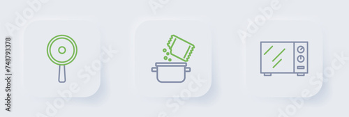 Set line Microwave oven, Cooking pot and spice and Frying pan icon. Vector