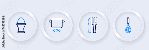 Set line Kitchen whisk, Crossed knife and fork, Cooking pot on fire and Chicken egg stand icon. Vector