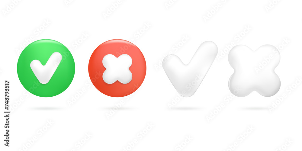 Approve and reject 3d buttons, right and wrong glossy icons. Consent and refusal symbols of acceptance, rejection. Approve and reject 3d buttons, right and wrong glossy icons. Consent and refusal symbols of acceptance, rejection.