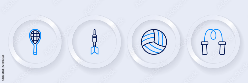 Set line Jump rope, Volleyball ball, Dart arrow and Tennis racket icon. Vector Set line Jump rope, Volleyball ball, Dart arrow and Tennis racket icon. Vector