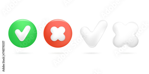 Approve and reject 3d buttons, right and wrong glossy icons. Consent and refusal symbols of acceptance, rejection.
