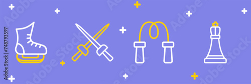 Set line Chess, Jump rope, Fencing and Skates icon. Vector