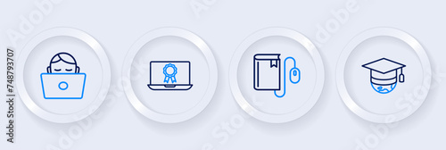 Set line Graduation cap on globe, Electronic book with mouse, Online education diploma and Student working laptop icon. Vector
