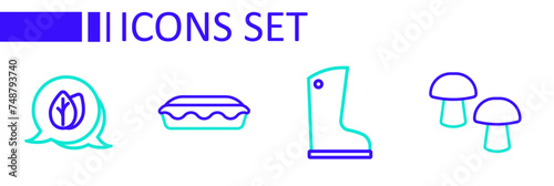 Set line Mushroom, Waterproof rubber boot, Homemade pie and Leaf icon. Vector
