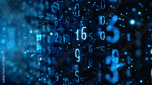 A blue numeric matrix with numbers arranged randomly in a modern and technological aesthetic. Bokeh background of numbers and data analysis.