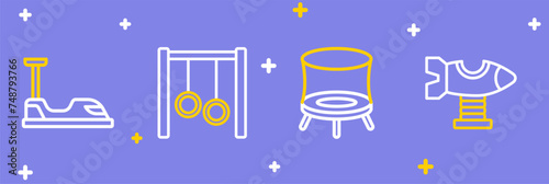 Set line Swing plane, Jumping trampoline, Gymnastic rings and Bumper car icon. Vector