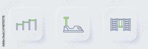Set line Swedish wall, Bumper car and Sport horizontal bar icon. Vector