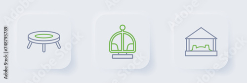 Set line Sandbox with sand, Attraction carousel and Jumping trampoline icon. Vector