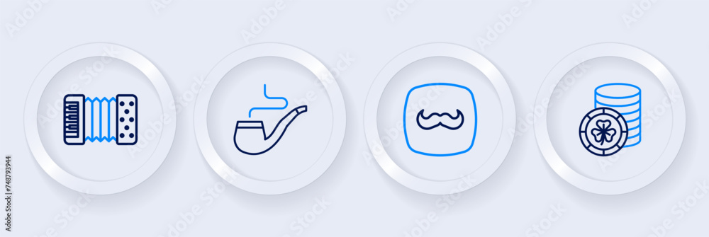 Set line Golden leprechaun coin, Mustache, Smoking pipe and Accordion icon. Vector