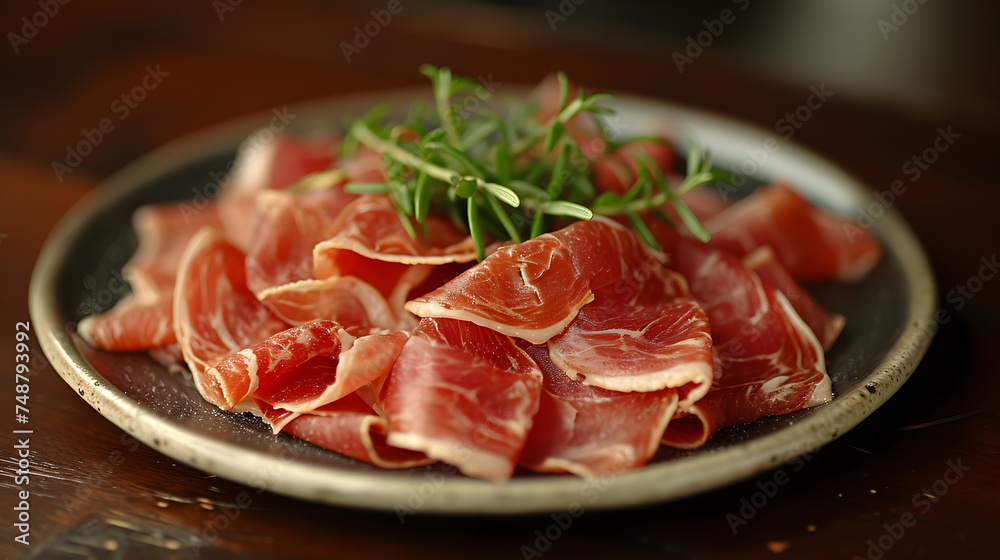 Gourmet Delights: Spanish Jamon Served on a Round Plate. Generative AI