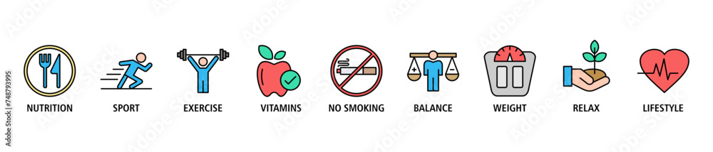 Healthy living banner web icon set vector illustration concept with icon of nutrition, sport, exercise, vitamin, no smoking, balance, weight, relax and lifestyle Healthy living banner web icon set vector illustration concept with icon of nutrition, sport, exercise, vitamin, no smoking, balance, weight, relax and lifestyle