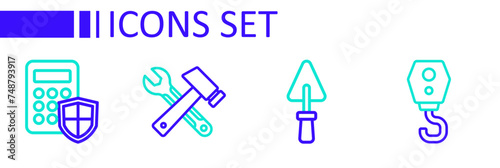 Set line Crane hook, Trowel, Window in room and Security keypad access panel icon. Vector