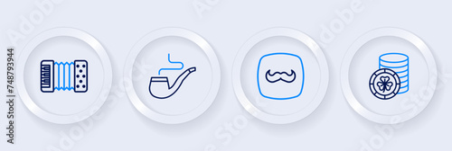 Set line Golden leprechaun coin, Mustache, Smoking pipe and Accordion icon. Vector