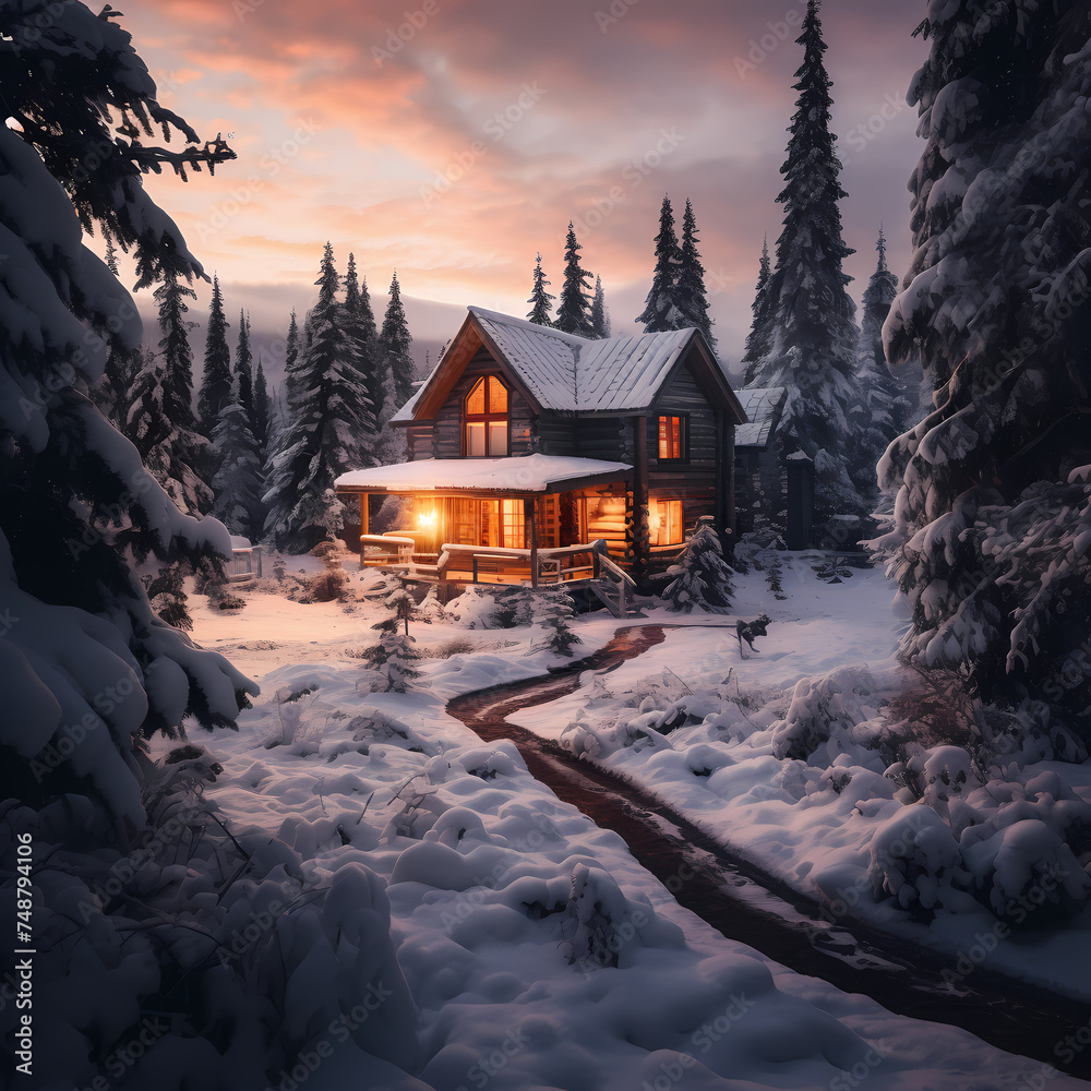 A cozy cabin in the snowy mountains.