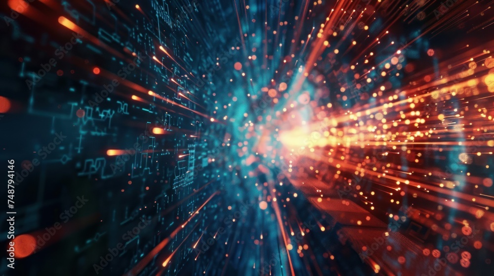 Explosive Data Speed in Network Fiber Optic, A visualization of explosive data speed, with fiery digital lines racing through a fiber optic network, depicting rapid data transfer.